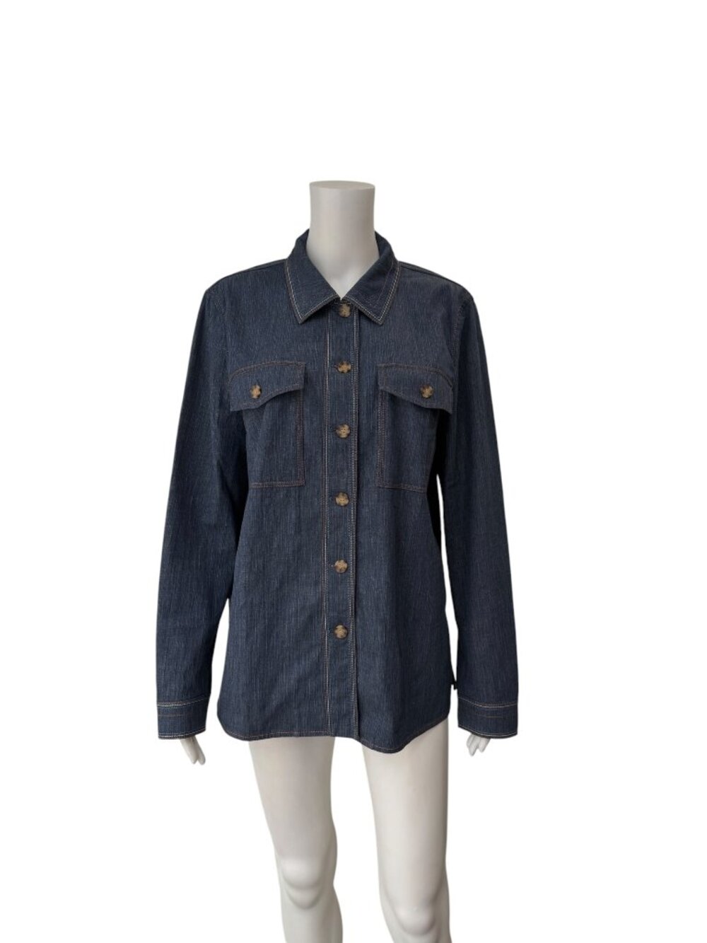 Lafayette 148 Blue Denim Jean Button Down Polo Shirt Top size Large